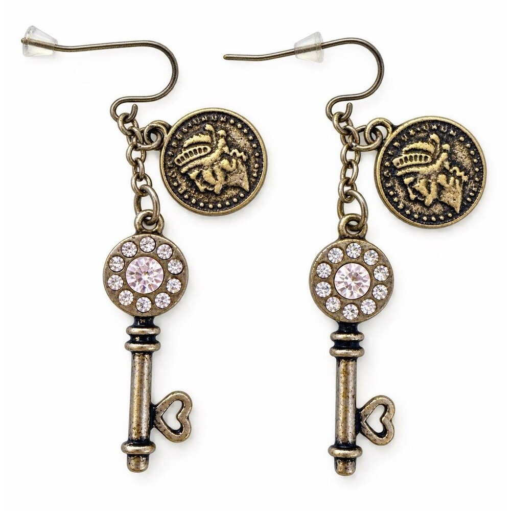 Vintage Style Skeleton Key Dangle Earrings Boho Steampunk Bronze Coin Rhinestone